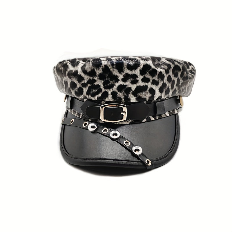 Women's Punk Vintage Distressed PU Leather Beret Newsboy Cap with Metal Rivets & Leather Buckle - Leopard Print (Black/Pink) Navy Blue, Golden-Tone Hardware, Lightweight Structured Fit for Graduation, Themed Parties & Everyda