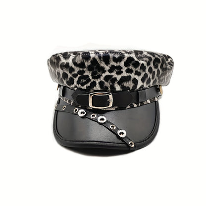 Women's Punk Vintage Distressed PU Leather Beret Newsboy Cap with Metal Rivets & Leather Buckle - Leopard Print (Black/Pink) Navy Blue, Golden-Tone Hardware, Lightweight Structured Fit for Graduation, Themed Parties & Everyda
