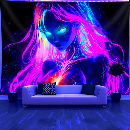 1pc Large UV Glow in the Dark Tapestry - Neon Glow under Light, Anime-Themed Fluorescent Wall Hanging for bedroom, Parties, Wrinkle-Resistant Fabric with Hand-Stitched Edges, UV Activated for home Decor (No installation)