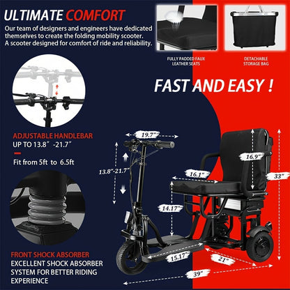 High-Quality Commute, Easy-Fold Electric Tricycle for Adults - No Assembly Required, Lightweight 45lbs, 20 Mile Range with Basket Included, WISGING