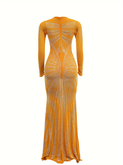 Long Sleeve Maxi Dress - Elegant Sheer Mesh with Rhinestone Detail - Bodycon Fit for Women - Perfect for Spring/Summer/Fall