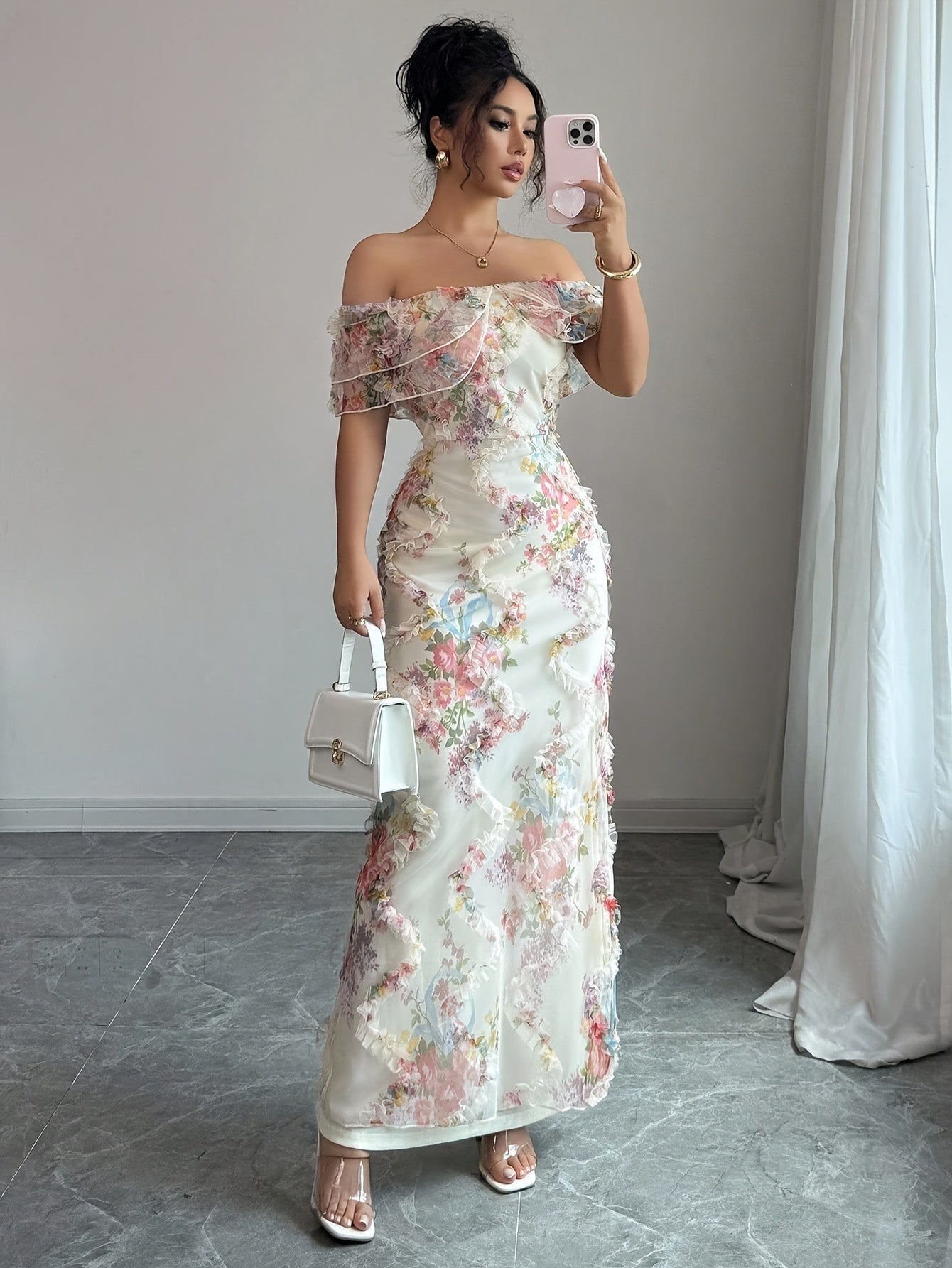 A Stylish And Romantic Off-Shoulder Bodycon Dress for Women, Featuring Ruffles And a Floral Sheer Design That Highlights The Waist