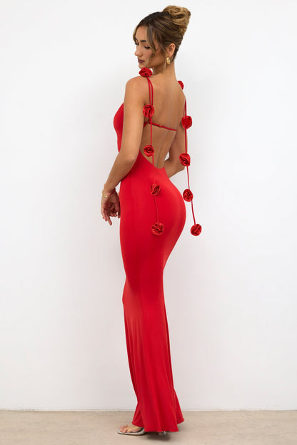 Women's Elegant Backless Evening Gown with 3D Flower Strap - Long Formal Wedding Dress, Prom Dress, Party Dress - Solid Color Round Neck All-Season Hand Washable Dress for Special Occasions