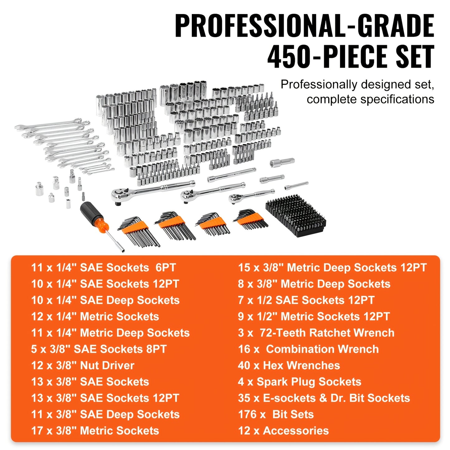 450pcs VEVOR Heavy-Duty Mechanics Tool Set & Socket Kit - 1/4"/3/8"/1/2" Drive SAE & Metric, 450pcs All-in-One Professional/Residential Tool Kit with Deep/Standard Sockets, -Resistant Case, Wrenches, Bolts/Rivets Removal