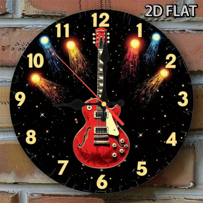 bell Z, 1pc Guitar Theme Wooden Wall Clock- Silent Non-Ticking Japanese Quartz Movement, AA Battery Powered(Not Included), Bright Red Electric Guitar and Fireworks Star Pattern, Round Shape Suitable for Living Room, Bedroom,