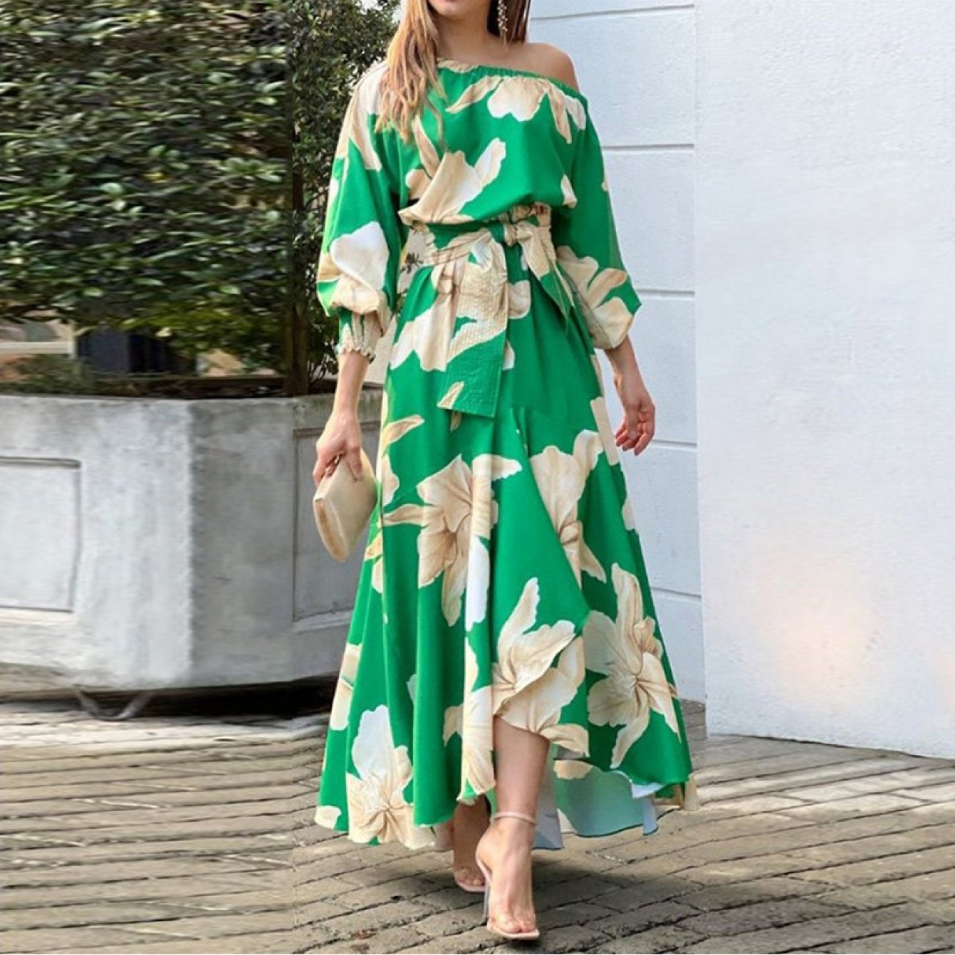 2026 Spring New Temperament Elegant Print Long Sleeve Slanted Collar Loose Dress Spring Spring Wear Spring Fashion Women's Spring and Summer Dresses Spring and Summer Dresses Women's Dresses Suitable for Bridesmaids Prom Outf