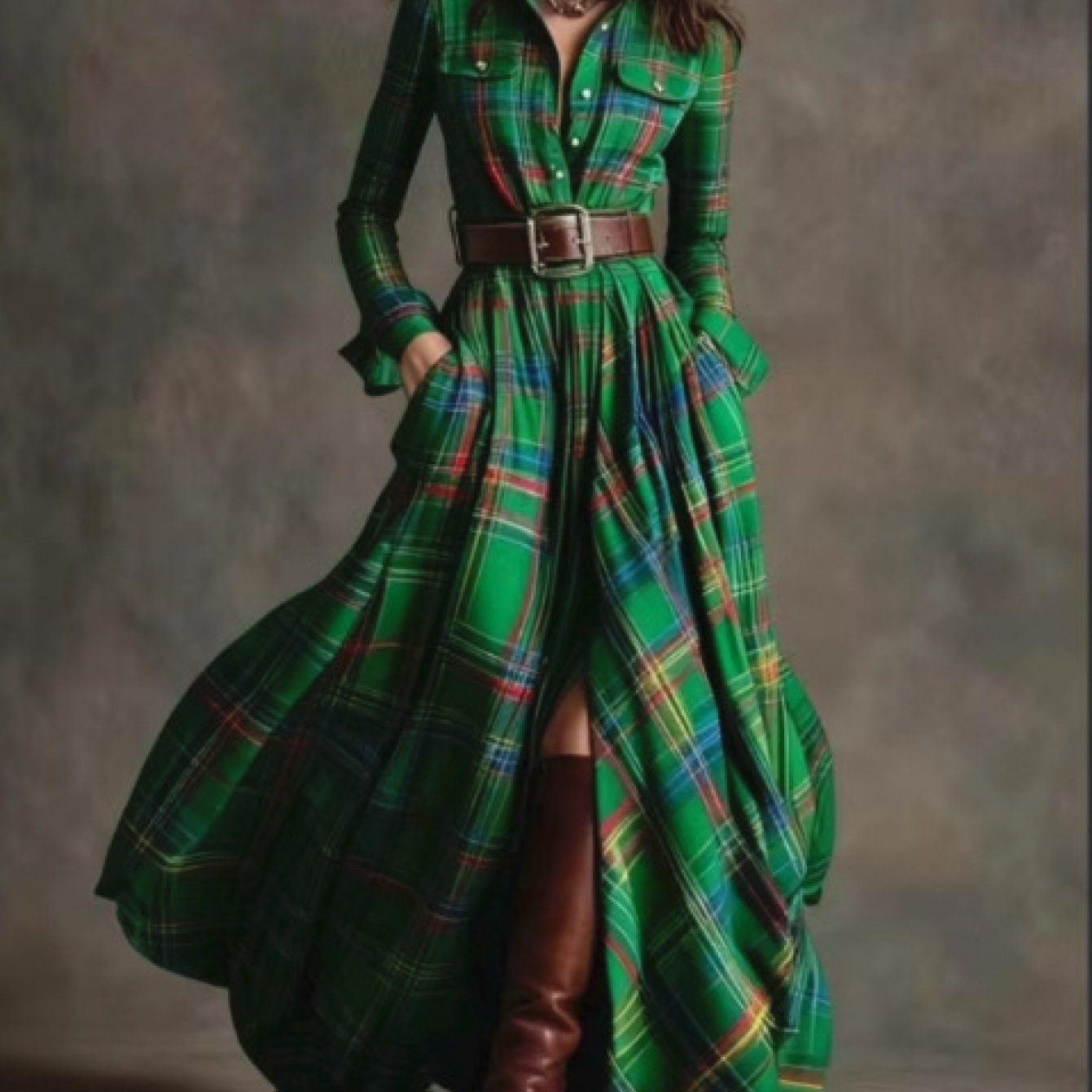 Women'S Autumn-Winter French Retro Elegant Literary Plaid Lapel Maxi Dress | Long Sleeve, Button Details, Vintage Style