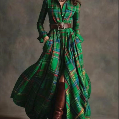 Women'S Autumn-Winter French Retro Elegant Literary Plaid Lapel Maxi Dress | Long Sleeve, Button Details, Vintage Style