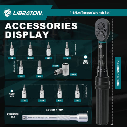 LIBRATON 1/4'' Torque Wrench Set, 1-6Nm Suitable for Bike, 0.05Nm Micro Drive Click Torque Wrench Set, Bicycle Maintenance Kit with Hex, Torx/Star Bit Sockets, Extension Bar Kit, Gift for Boyfriend, Dad, for Man