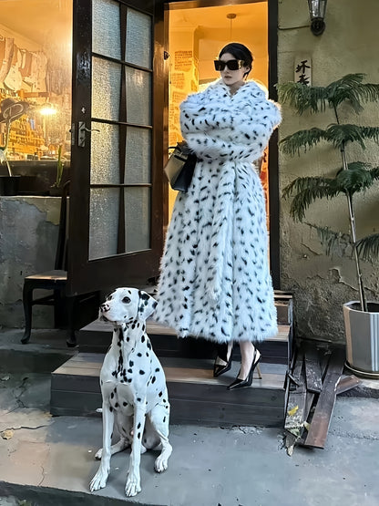 Ladies' Faux Jacket - Black And White Dalmatian Pattern Fluffy Outerwear for Fall/Winter 2025. Vegan-Friendly Fox Coat for Women - Oversized Spotted Black And White Jacket - Cozy And Fashionable Winter Outerwear. New Women'S