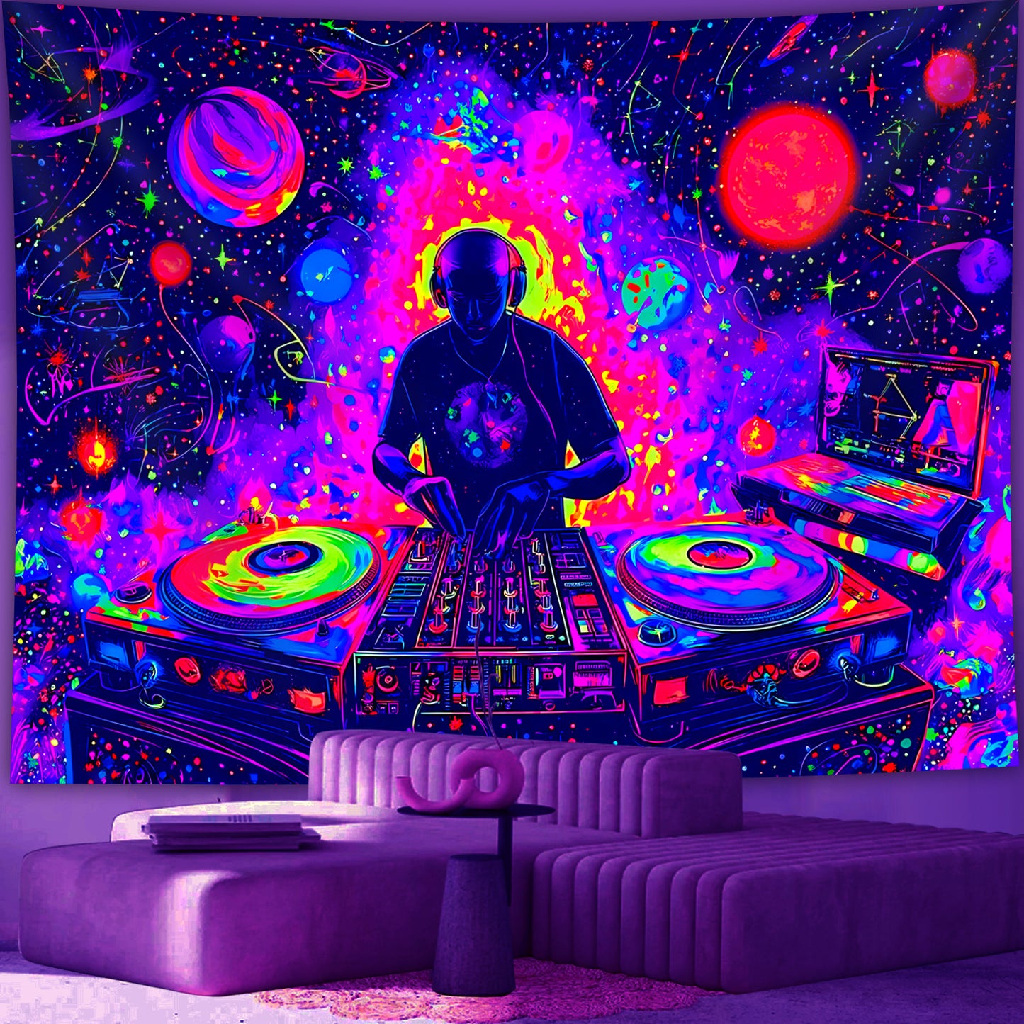 1pc Neon Glow-in-the-Dark DJ-Themed Tapestry - UV Light Reactive Fabric - Large Horizontal Wall Hanging with Neon Glow-in-the-Dark DJ & DJ Equipment Design for Bedroom, Party Decor, Home Entertainment - No Installation Needed