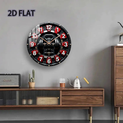 12 Inch Fitness-Themed Silent Wall Clock with Dumbbell Design - Quartz Battery-Powered Modern Gym Decor, Red/White Numbered Segments, Manual Shut-Off, Glass Round Clock For Home, Bedroom, Fitness Room Decor, Bedroom Timepiece