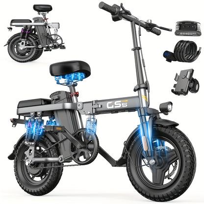 UPlee Peak Power 740W Electric Bike For Adults, 20MPH Full Shock Absorption Comfortable Riding, 48V6/8/10/15/17.5Ah, Max 32Miles Folding Ebike, 14'' Tubeless Off-road Tire, City Commuter