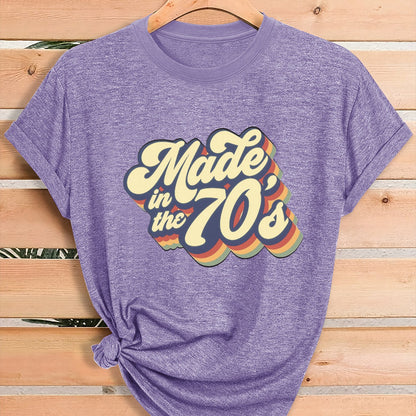 Women'S Vintage 70s Graphic T-Shirt - Retro "Made in the 70s" Print with Rainbow Lettering & 70s Icons, Loose Fit Casual Tee for Gym, Casual Attire & 70s Themed Parties - Soft Breathable Round Neck Summer Top, Local Warehouse