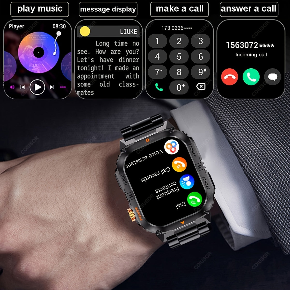 COIUSOR Men'S Outdoor Sports Smart Watch, Wireless Calling Smart Watch, 2.01-Inch HD Full Touch Screen, 1000 Mah Large Battery for Long-Lasting Use, Multiple Sports Modes, Alarm Clock, Pedometer, Calendar, Men'S Smart Watch