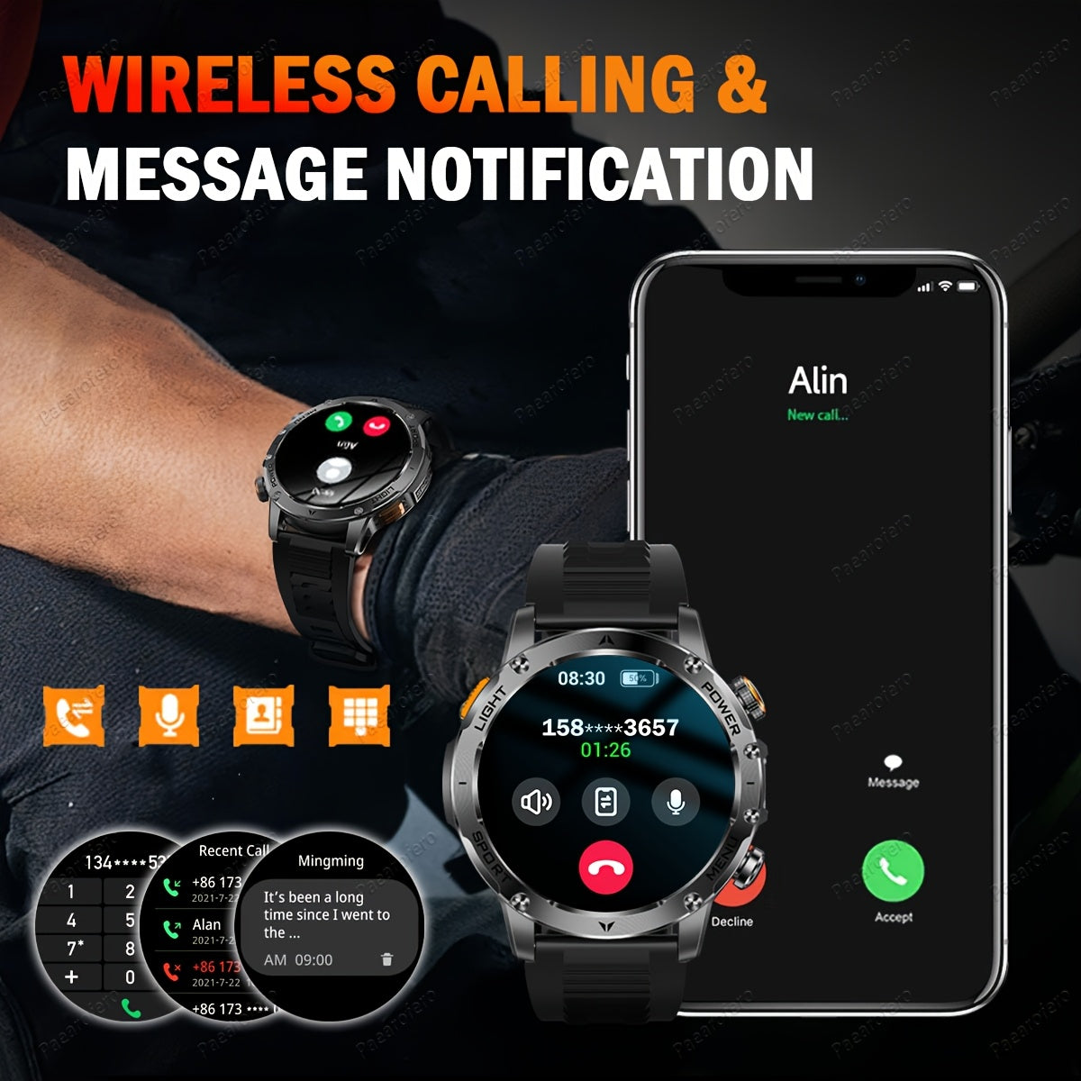 Paearofero 1000mAh Large Battery Outdoor Smartwatch, LED Flashlight, Wireless Calling, Voice Assistant, Multi-Function Reminder, Sports Fitness, 1.7-inch HD Display, Alloy Body, Men'S Smartwatch for iPhone&Android, Holiday Gi