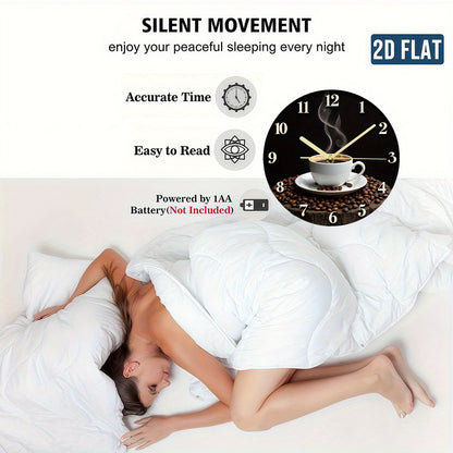 1pc Coffee Time Wall Clock - 2D Flat Design, Silent Non-Ticking, Modern Art Style with Espresso & Cappuccino Artwork, Battery Operated (AA Not Included) for Living Room & Bedroom Decor, Ideal Gift for Coffee Lovers, Coffee Ba