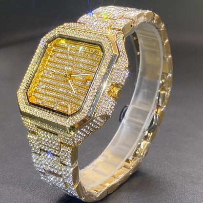 MISSFOX Men'S Luxury Rhinestones-Encrusted Golden-Tone Square Watch with Date Calendar, High Quality IP65, Quartz Movement, Sparkling Bezel & -Accented Dial - Elegant Analog Watch for Casual & Formal Wear, Party Accessory, Ba