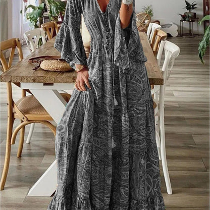 Women'S Autumn Fashion, Chic V-Neck Waist, A-Line Small Floral Design, Sophisticated Feminine Dress, Long Skirt