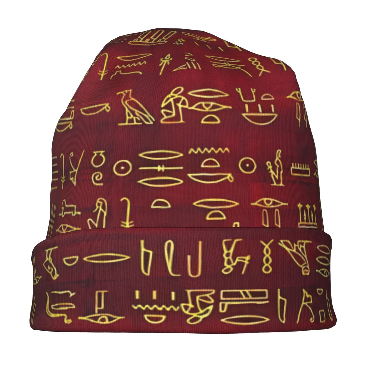 BIIHUDU Men's Egyptian Hieroglyphic Beanie Hat - Ancient Egypt Themed Textile with Symbol & Pharaoh Design, Red/Black/Brown/ Colors, Cultural History Accessory for Costumes, Themed Parties & Casual Attire