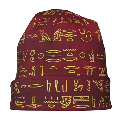BIIHUDU Men's Egyptian Hieroglyphic Beanie Hat - Ancient Egypt Themed Textile with Symbol & Pharaoh Design, Red/Black/Brown/ Colors, Cultural History Accessory for Costumes, Themed Parties & Casual Attire