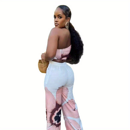 D9738 Women'S Y2K Fashion Floral Print One-Shoulder Slim Fit Wide-Leg Pants Two-Piece Set - Sexy Spring/Fall Outfit, Spring Fashion|Sleek Shoulder Design|Polyester Fabric