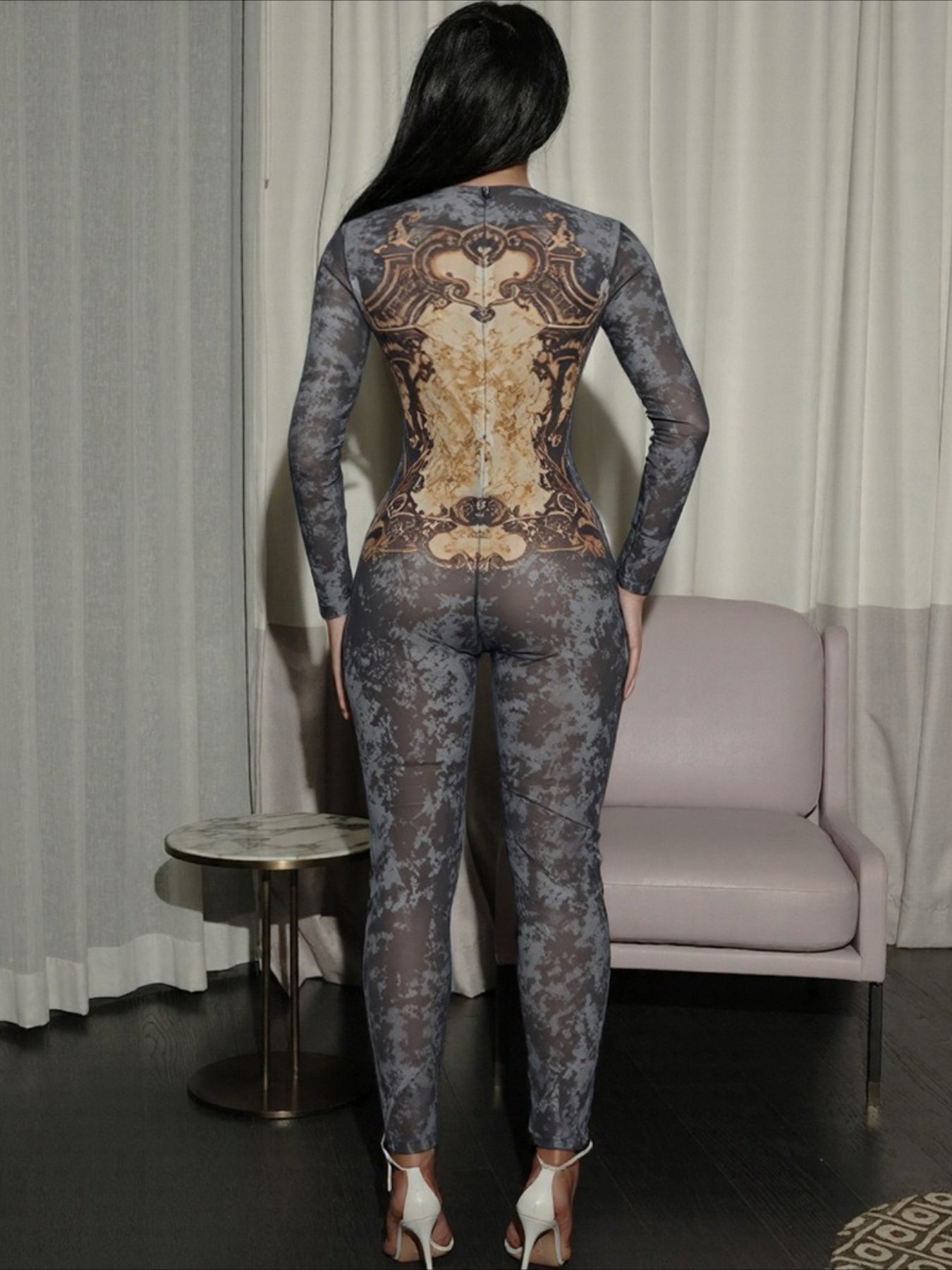 LUCKFOX Sexy Street Trend Digital Printing Long Sleeve Jumpsuit Women | Deep V Neck, Perfect for Spring/Summer/Fall