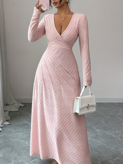Women's Elegant V-Neck Long Sleeve A-Line Dress - Slim Fit Formal Gown with Cinched Waist, -Length Party Wedding Prom Dress, Machine Washable for all-Season Wear (No alterations needed)