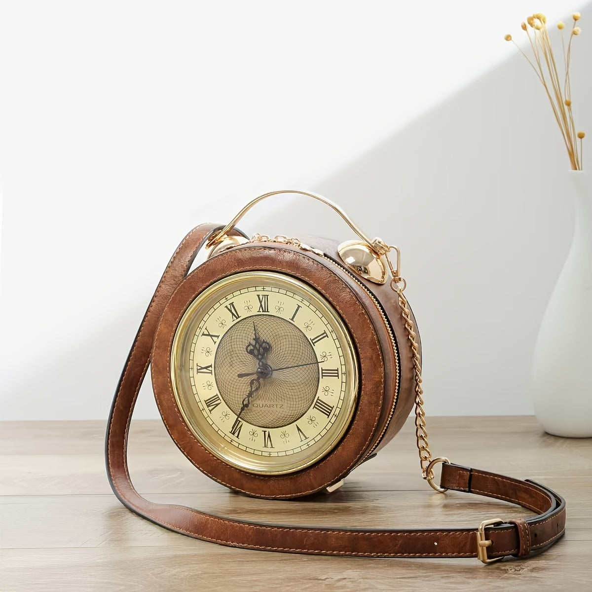 Vintage-Inspired Clock Handbag with Adjustable Strap – Stylish Round Design in Caramel, Pink, or Black – PU Material, Zip Closure, Perfect for Casual Outings
