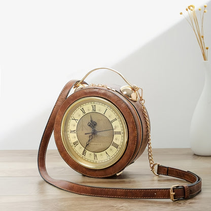 Vintage-Inspired Clock Handbag with Adjustable Strap – Stylish Round Design in Caramel, Pink, or Black – PU Material, Zip Closure, Perfect for Casual Outings