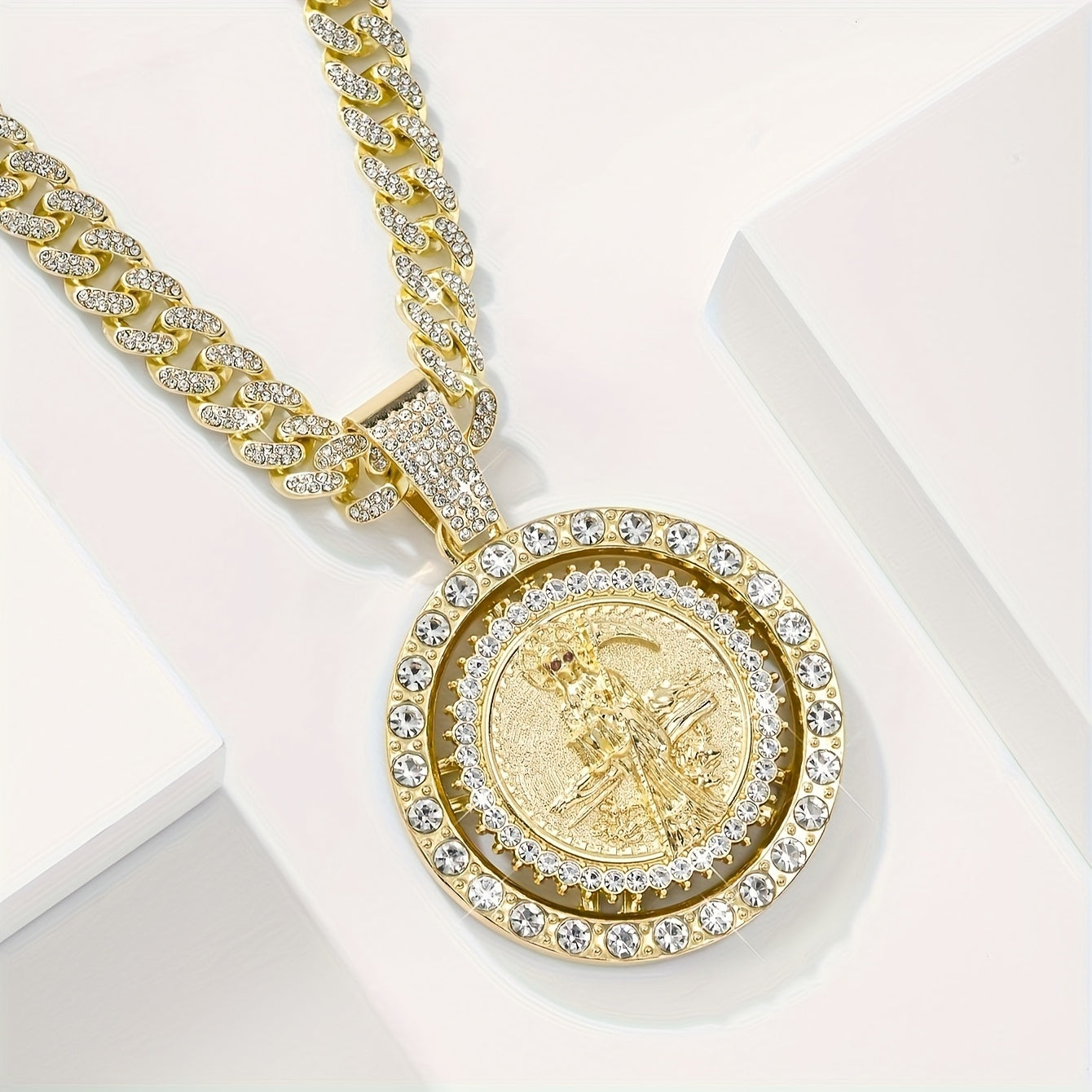 14K Gold Plated Saint Mortule God of Death Pendant Necklace - Rotating Bohemian Religious Medal Jewelry with 3A, Unisex for men & Women, Christmas/Easter Gift, Year-Round Wear (Copper Base)