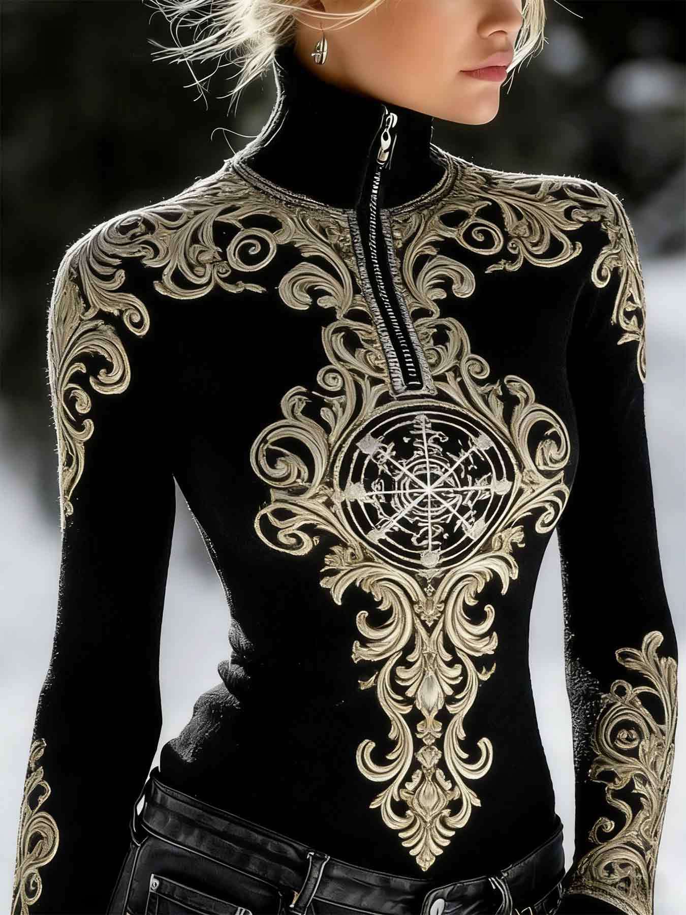 This Is a Women'S Half-Zip Turtleneck Sweatshirt Featuring a Printed Design Rather Than a Textured One. It Showcases an Ethnic Retro Style with Intricate Decorative Elements