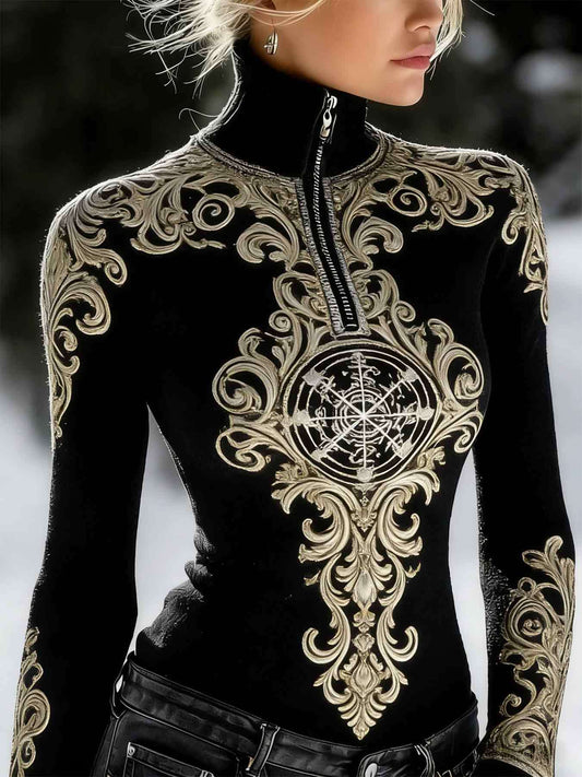This Is a Women'S Half-Zip Turtleneck Sweatshirt Featuring a Printed Design Rather Than a Textured One. It Showcases an Ethnic Retro Style with Intricate Decorative Elements