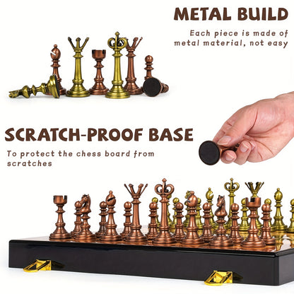Vintage Metal Chess Set For Adults, 15" Wooden Chess Board With Metal Chess Pieces Travel Chess Set With Retro Chessmen, Collectible Elegant Chess Game, Family Vintage Board Game