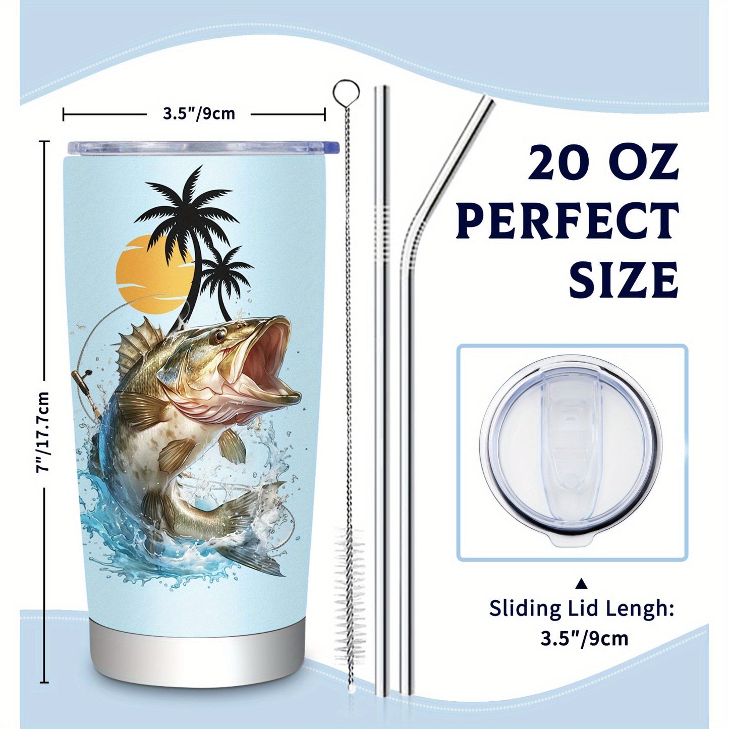 1pc 20oz Stainless Steel Insulated Fishing Tumbler with Cleaning Brush - Double-Wall Vacuum Insulation, Leakproof & -Slip Grip, BPA-Free Travel Mug with Fish Design & "Eat Sleep Fish Repeat" Slogan, Spill-Resistant Lid for Ho