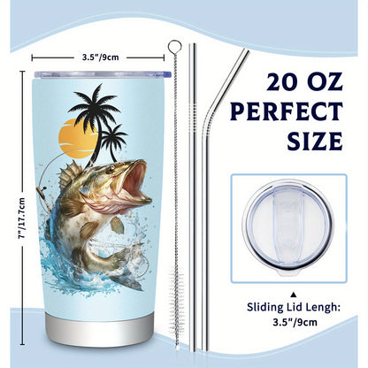 1pc 20oz Stainless Steel Insulated Fishing Tumbler with Cleaning Brush - Double-Wall Vacuum Insulation, Leakproof & -Slip Grip, BPA-Free Travel Mug with Fish Design & "Eat Sleep Fish Repeat" Slogan, Spill-Resistant Lid for Ho