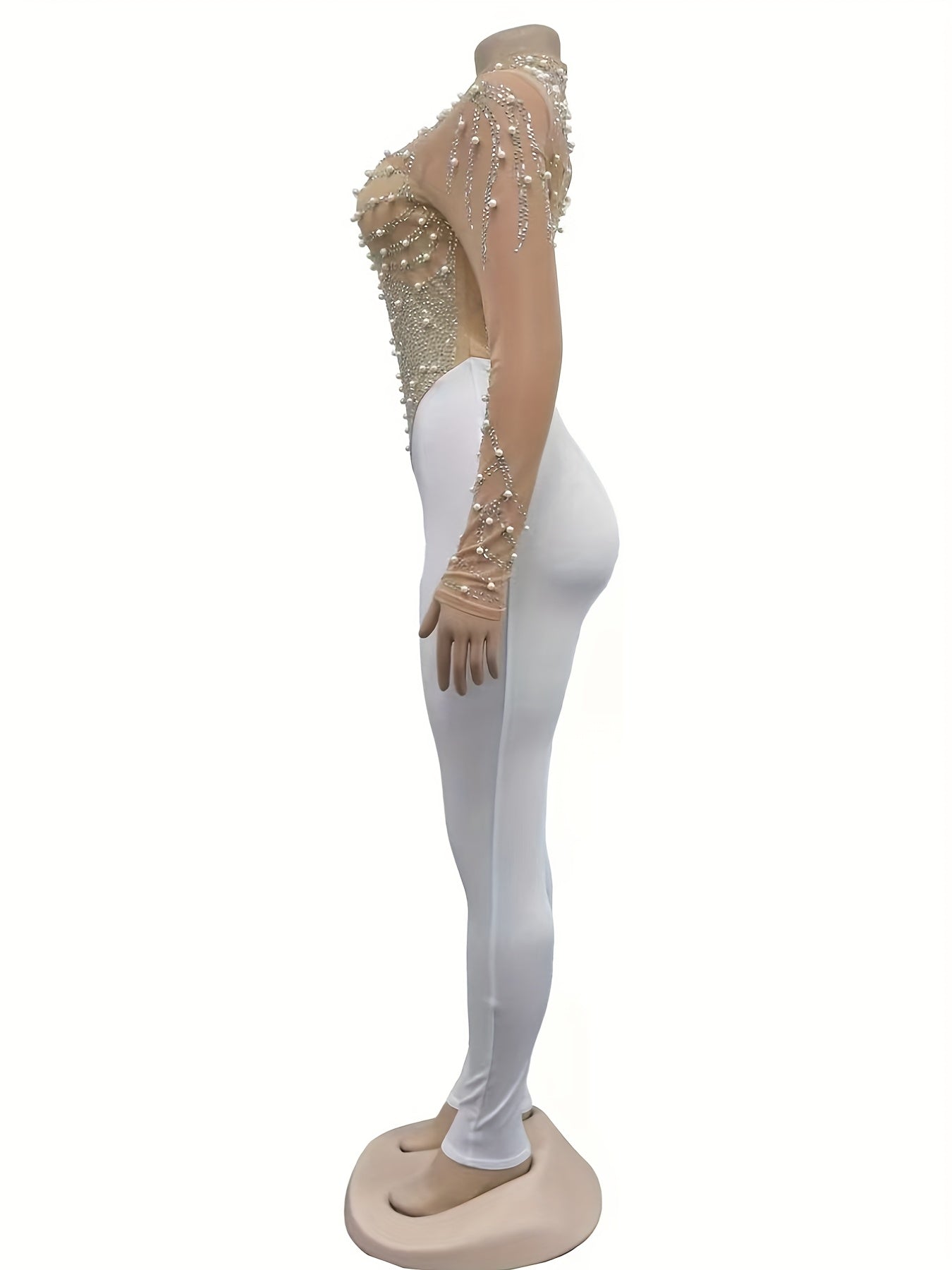 Elegant Women'S Black Jumpsuit with Pearl And Rhinestone Embellishments, Featuring Sheer Mesh Long Sleeves for Evening Events