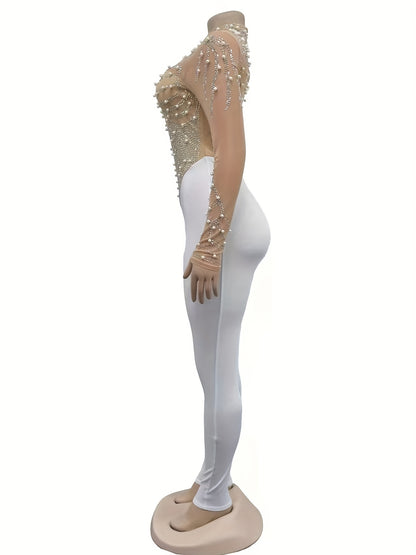 Elegant Women'S Black Jumpsuit with Pearl And Rhinestone Embellishments, Featuring Sheer Mesh Long Sleeves for Evening Events