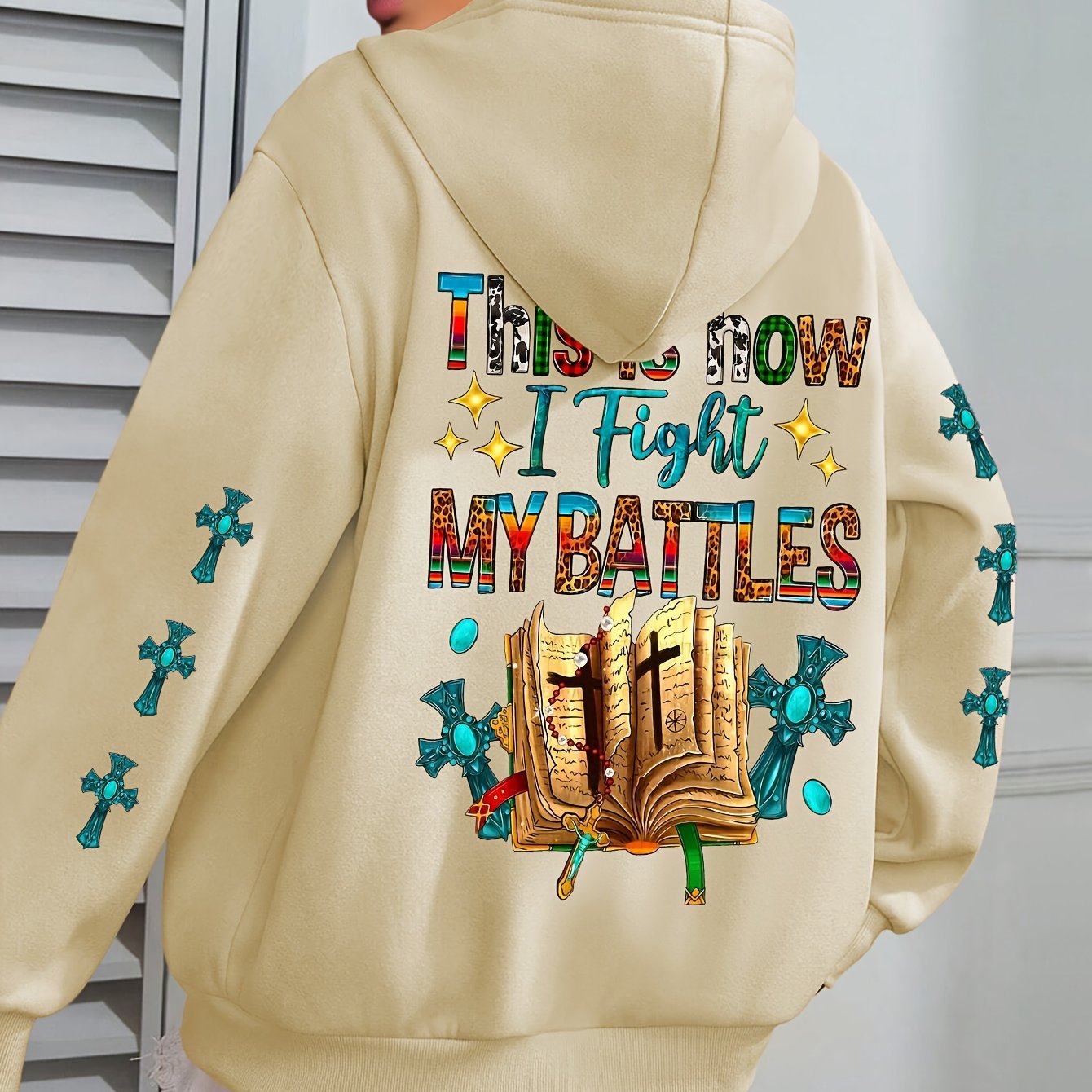 Women's Christian Bible Verse Hooded Sweatshirt "This Is How I Fight My Battles" with Cross & Prayer Hands Print - Winter Warm Hoodie, Long Sleeve Religious Apparel for Church, Prayer Meeting & Christmas (Gray) - Casual Faith