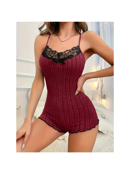 Back Butterfly Embroidery Design Pajamas for Womens Onesies | Summer Sleepwear Lace Splicing Bodysuit Loungerwear with Long Sleeves and Hooded Collar