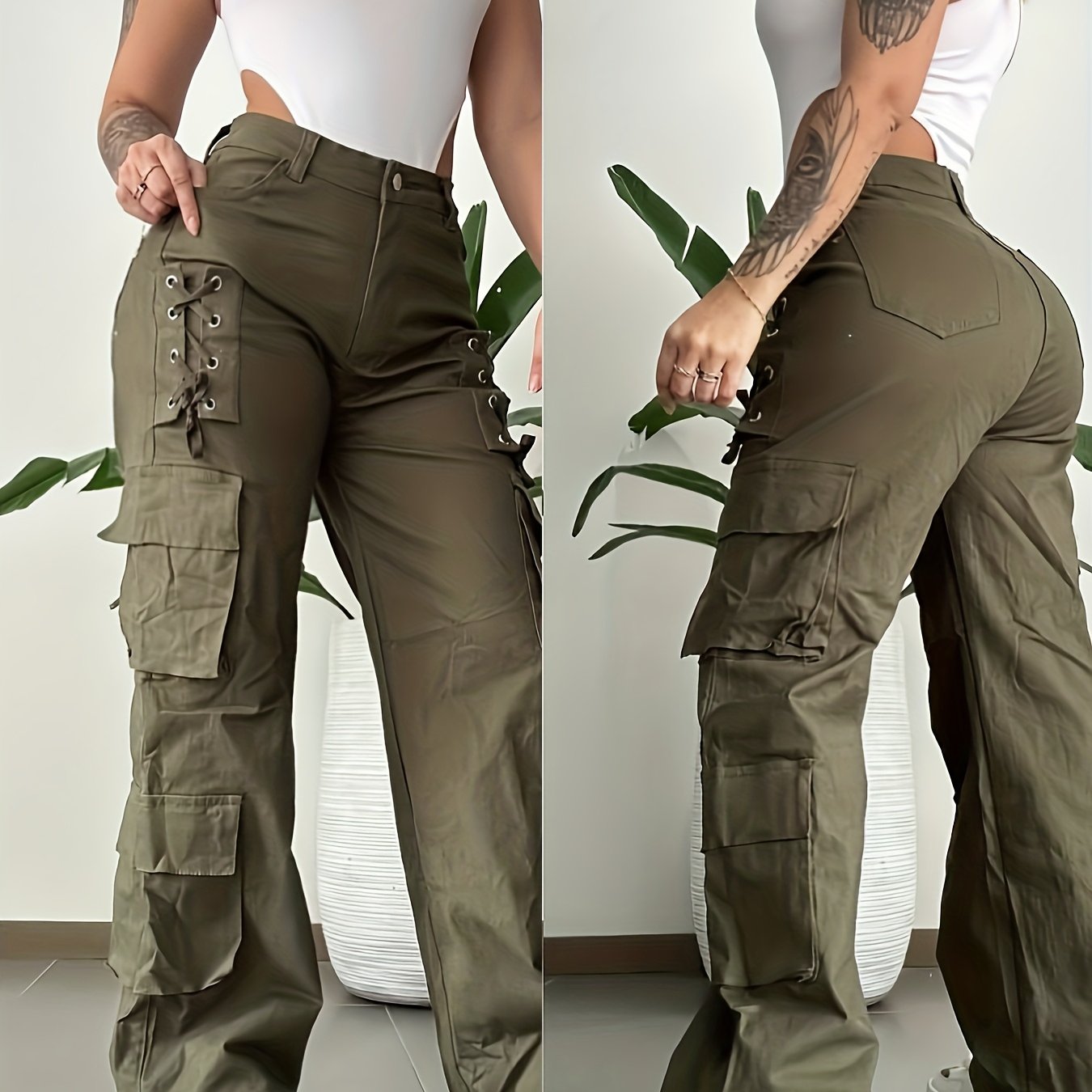 Women' - Heavy-Duty Pants with Multi- Utility - Solid Color Trousers, Tie-Front Closure & for (No Stretch Fabric) - Casual Outdoor & Professional Wear, Machine Washable