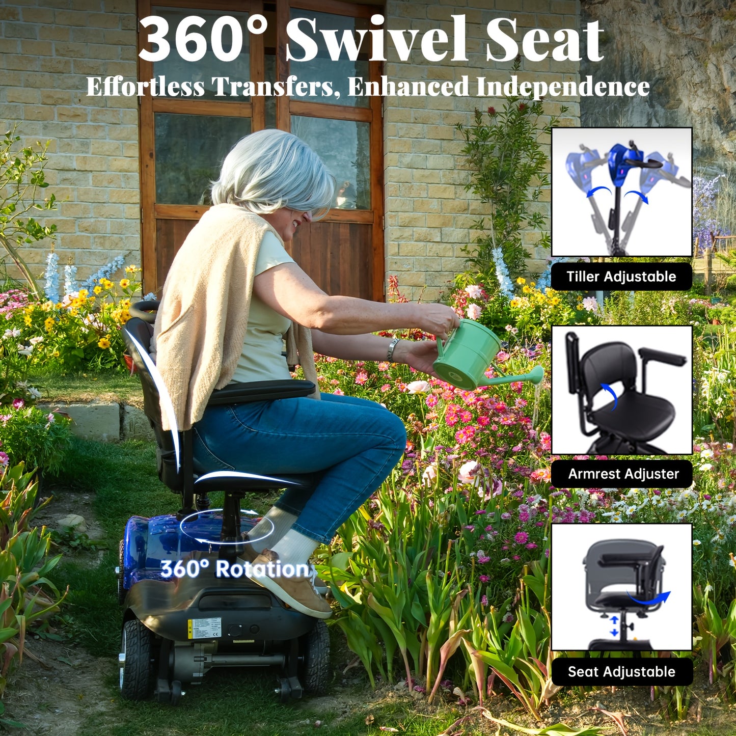 Adult And Mobility Scooter: 250W Four-wheel Foldable Scooter with A Speed Of 6 Mph, 24V 13Ah A Range Of 15 Miles, A 360° Swivel Seat, A Removable Shopping Basket And LED Headlights.