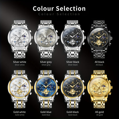 OLEVS Men's Luxury Multifunctional Quartz Watch - Stainless Steel Luminous Analog Watch with Moon Phase, Chronograph, Date/Day/24H Indicator, Golden-Tone & Bracelet for Business, Casual, Casual Attire - Dress Watch