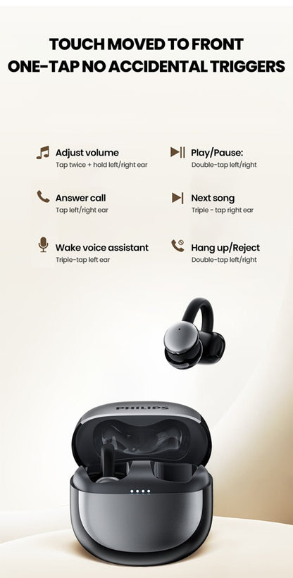 Philips True Wireless Bluetooth Headphones, Open Wireless Earbuds, Ear Clip Wireless Earbuds, for iPhone and Android, Comfortable to Wear, Bluetooth 5.4, 46 Hours of Playtime, Stereo Bass, LED Battery Display, ENC Dual Noise