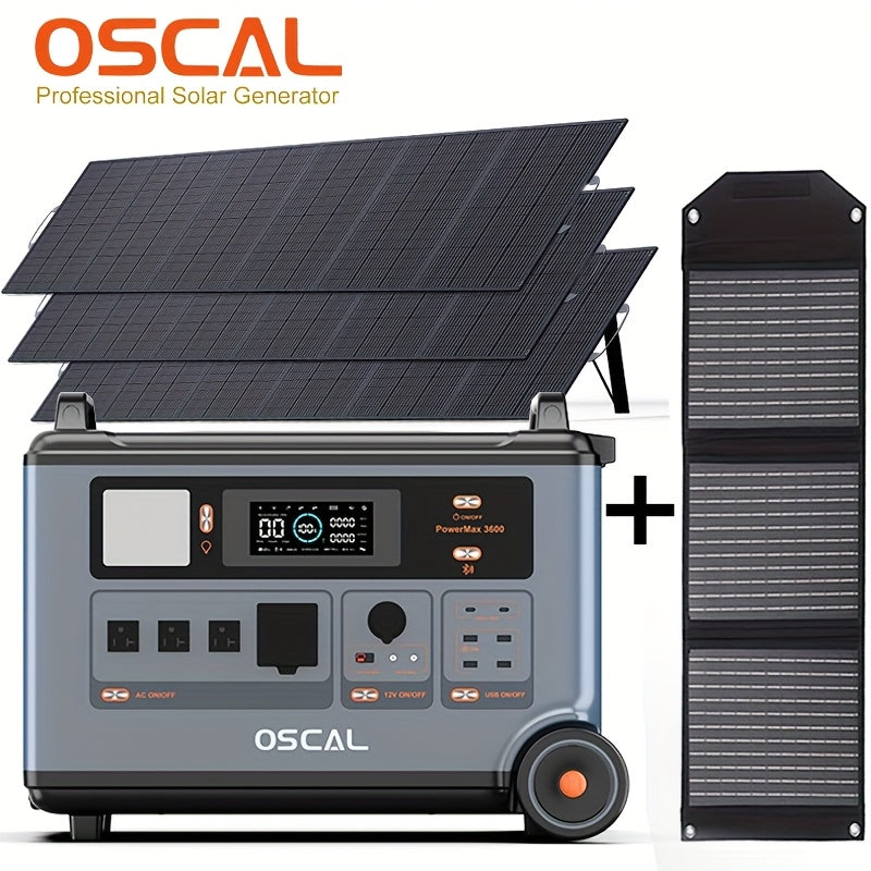 OSCAL PowerMax 3600 Solar Generator with 3x500W Solar Panel, 3600Wh/3600W Power Station with 4 AC Outlets (7200W Peak), 1.2H Full Charging, App Control Emergency Power Station for Home, Camping 66, Includes A Bonus 30W Solar