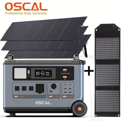 OSCAL PowerMax 3600 Solar Generator with 3x500W Solar Panel, 3600Wh/3600W Power Station with 4 AC Outlets (7200W Peak), 1.2H Full Charging, App Control Emergency Power Station for Home, Camping 66, Includes A Bonus 30W Solar
