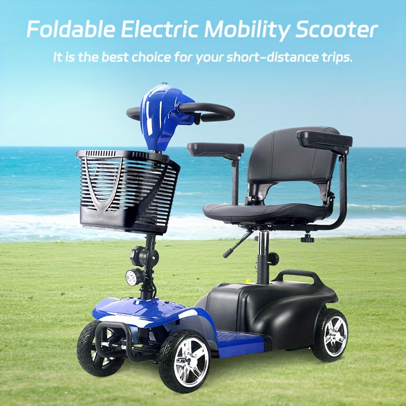 The Foldable Mobility Scooter Features A 250W Motor And Reaches A Speed Of 6 Mph.This Senior-friendly Scooter Has A 15-17 Mile Range, 13.5Ah Battery, All-terrain Tires, And Comes with A Detachable Seat, Basket, Phone Holder,