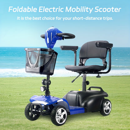 The Foldable Mobility Scooter Features A 250W Motor And Reaches A Speed Of 6 Mph.This Senior-friendly Scooter Has A 15-17 Mile Range, 13.5Ah Battery, All-terrain Tires, And Comes with A Detachable Seat, Basket, Phone Holder,