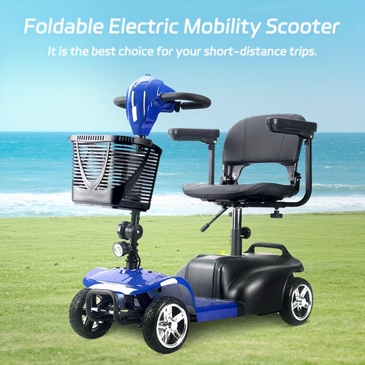 The Foldable Mobility Scooter Features A 250W Motor And Reaches A Speed Of 6 Mph.This Senior-friendly Scooter Has A 15-17 Mile Range, 13.5Ah Battery, All-terrain Tires, And Comes with A Detachable Seat, Basket, Phone Holder,