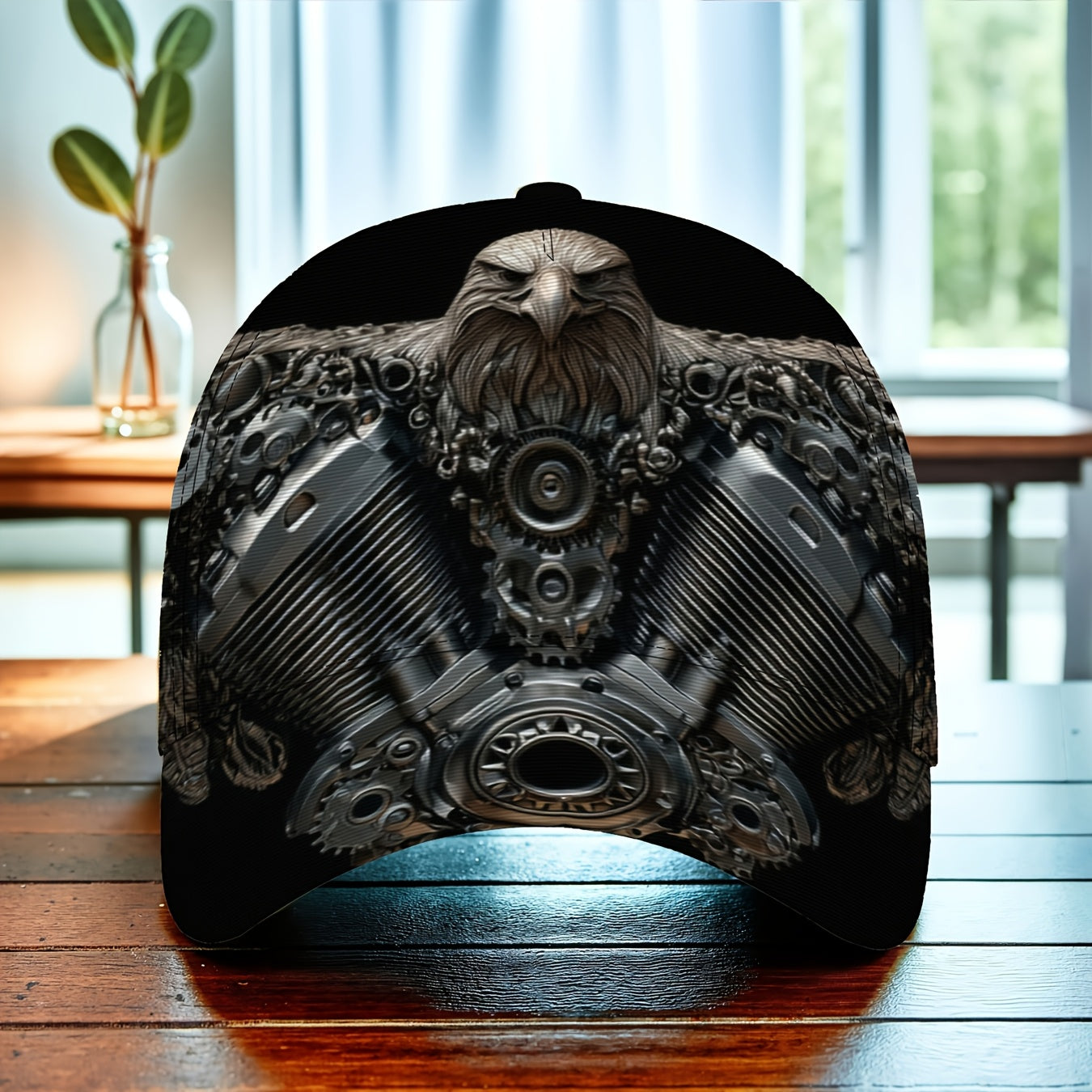 1pc Men's & Women's Mechanical Eagle Print Baseball Cap with Motorcycle/Gear Design - Adjustable Snapback, Foldable Lightweight Polyester Hat, All-Season Outdoor Sports Accessory, Durable Full-Body Motorcycle-Inspired Headwea